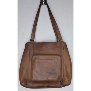 Vintage Fossil Brown Pebbled Leather Handbag Satchel Purse Tote Pockets Zip Boho